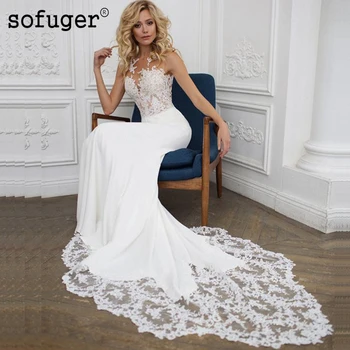

Elegant Sexy Lace Button Appliques Illusion Sleeveless Mermaid Bridal Gown Wedding Dresses Vestidos de Noivas Custom White