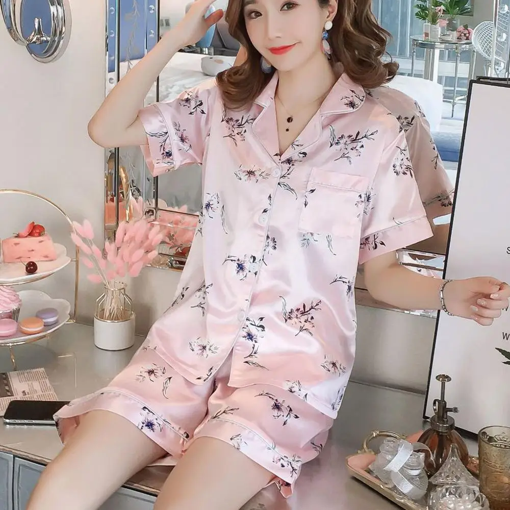 

Womens Shorts Sleeve Sleepwear Short Nightwear Pant Sets Short Sleeve Silk Pajamas Set Two Pieces Summer V-shaped J11#