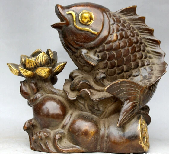 

JP S0522 7" Chinese Bronze Gild Folk lotus flower root Fish barracuda Statue sculpture B0403
