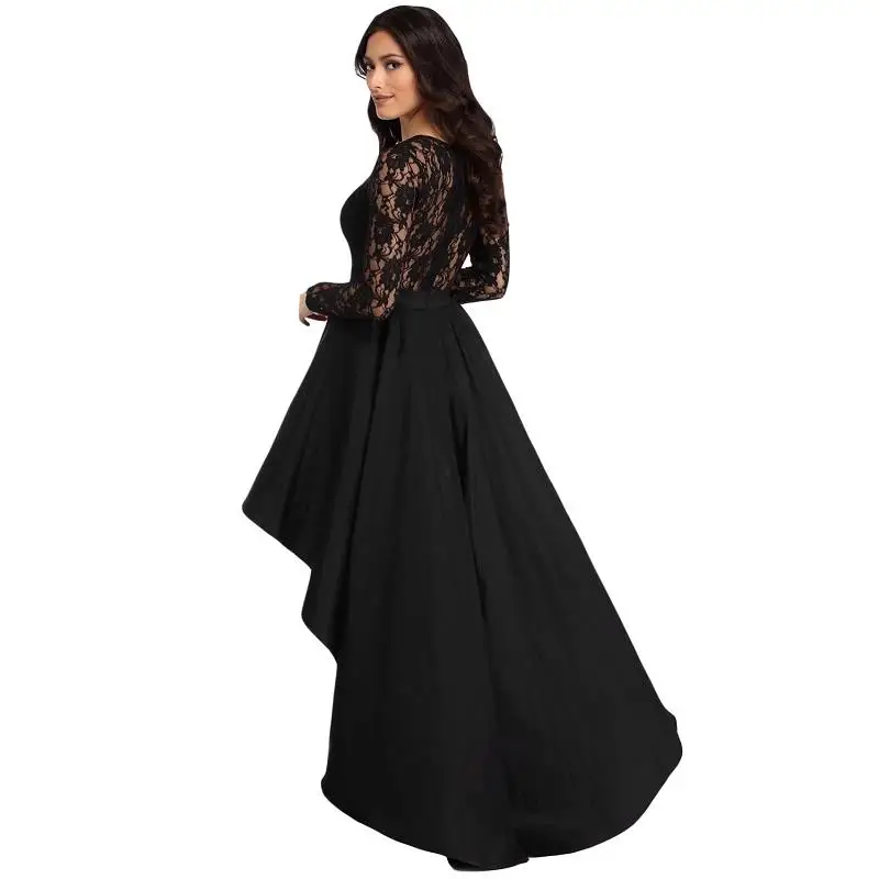 ADEWEL  New 2018 Spring Cute High Low Satin Lace Dress Women Elegant Floor-Length Long Dress Long Sleeve Maxi Party Dresses (6)