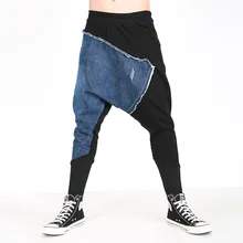 Хип-хоп шаровары мужские Лоскутные Джинсовые штаны мужские уличные повседневные тонкие мужские брюки