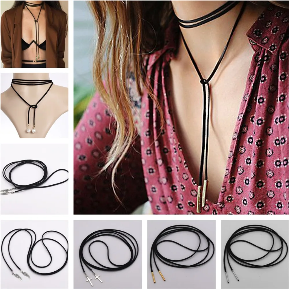 2016 Hot fashion Torques Pure Black Velvet Ribbon Feather cross 150cm Long necklace False collar chokers Necklace women jewelry