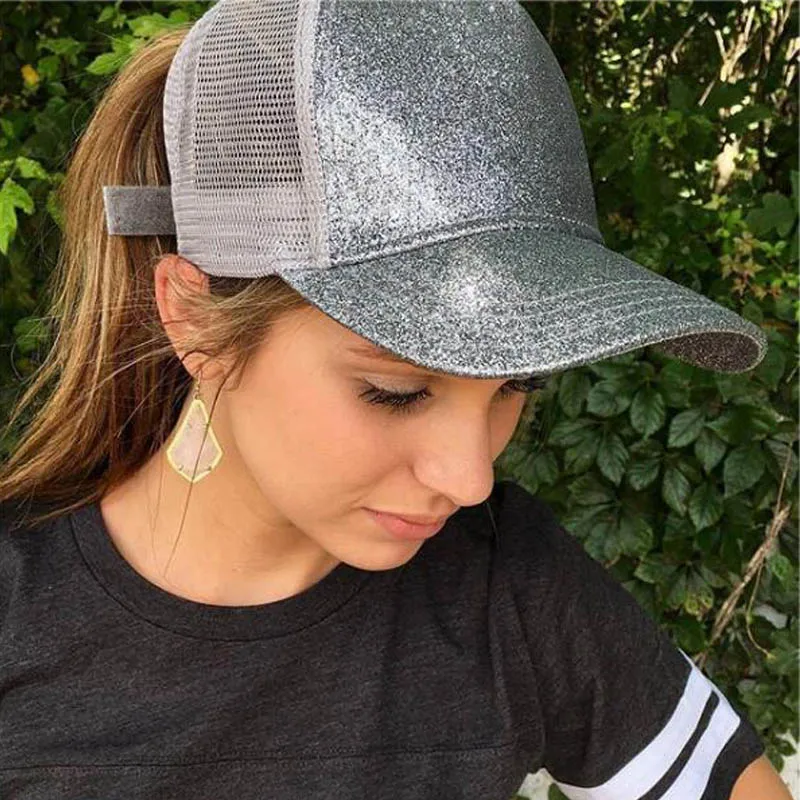 New CC Glitter Ponytail Baseball Cap Women Snapback Hat Summer Messy