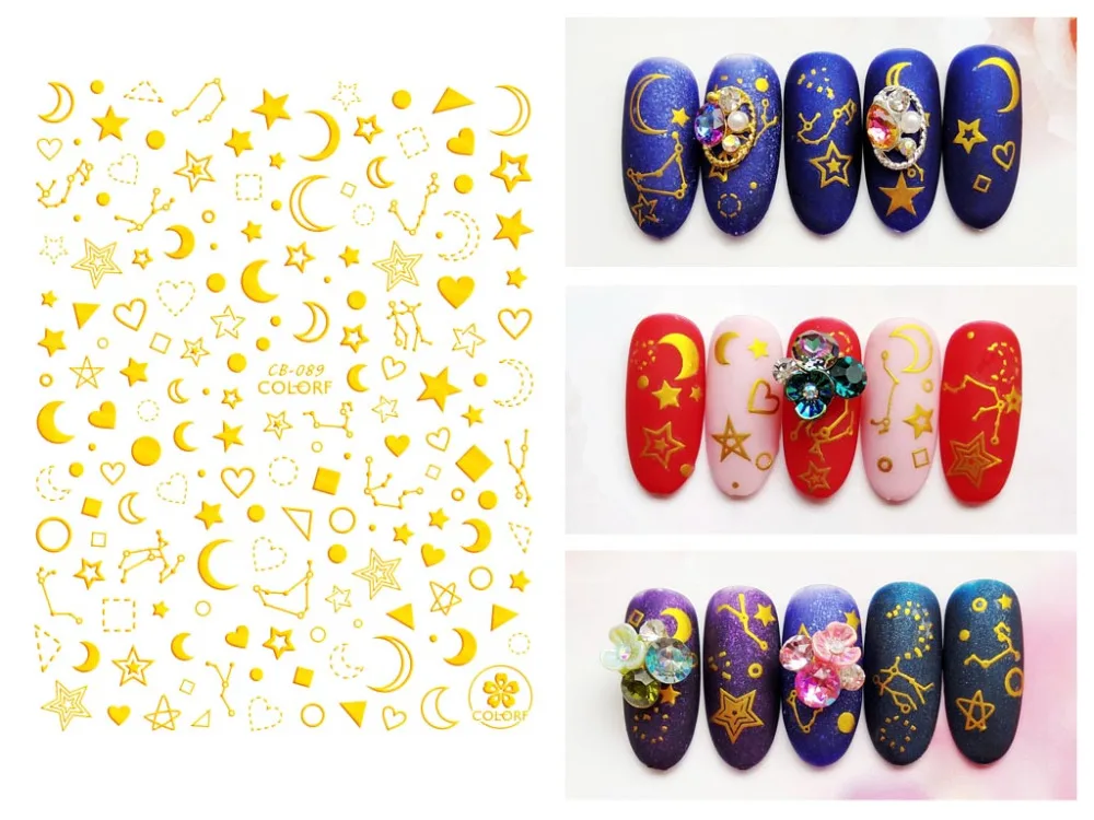 

Star Moon Patterns! Gold/Silver/Black/White, 1 Sheet Nails Art Manicure Back Glue Design Nail Sticker For Nails Decoration