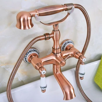 

Antique Red Copper Wall Mount Bathtub Faucets Bathroom Shower Faucet Clawfoot Tub Faucet W/Hand Shower Sprayer Mixer Tap tna331