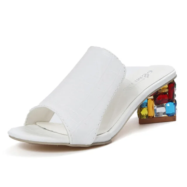 Летние Шлёпанцы женские босоножки кожаные Красочные Стразы Женская обувь кристаллы квадратный каблук открытый носок женские шлепанцы из tenis feminino - Цвет: Белый