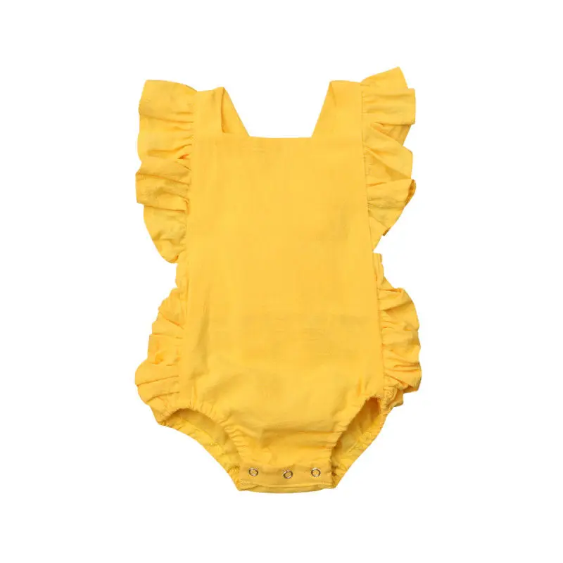 Летний комбинезон для новорожденных девочек, хлопковый комбинезон с оборками без рукавов, летний пляжный костюм, милая одежда для маленьких девочек - Цвет: Цвет: желтый