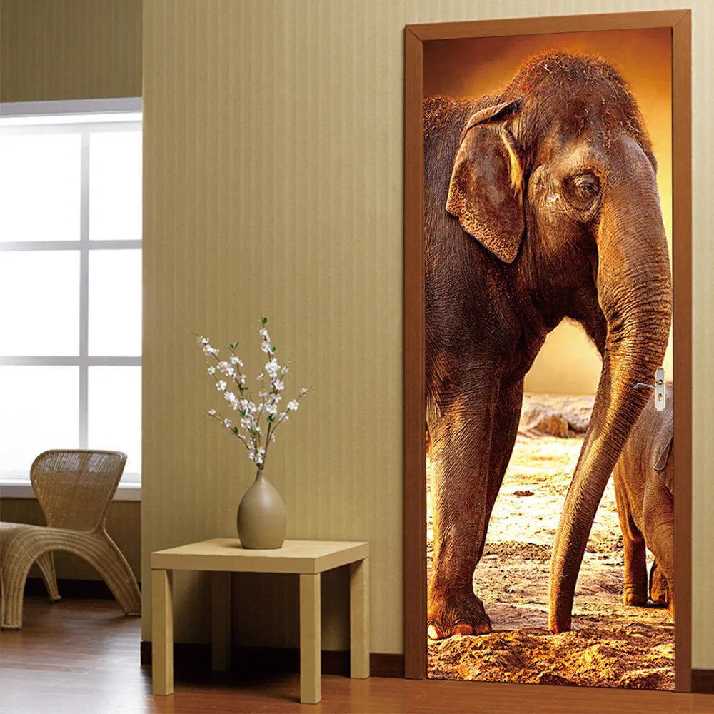 

Custom Size/77*200cm 3D Strong Elephant PVC Self-adhesive Waterproof Door Sticker Home Decoration Mural Decals DIY Wallpaper