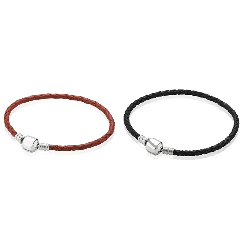 

2 Color 925 Sterling Silver Leather Rope Basic Bracelet For Women Clasp Clip Fit Charms Beads & Pendants For Women
