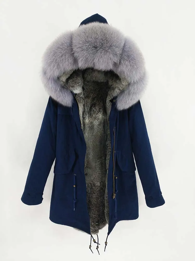 Непромокаемая парка Зимняя куртка Для женщин Настоящее меховое пальто Натуральный воротник Натуральный Мех кролика Длинная одежда для улицы