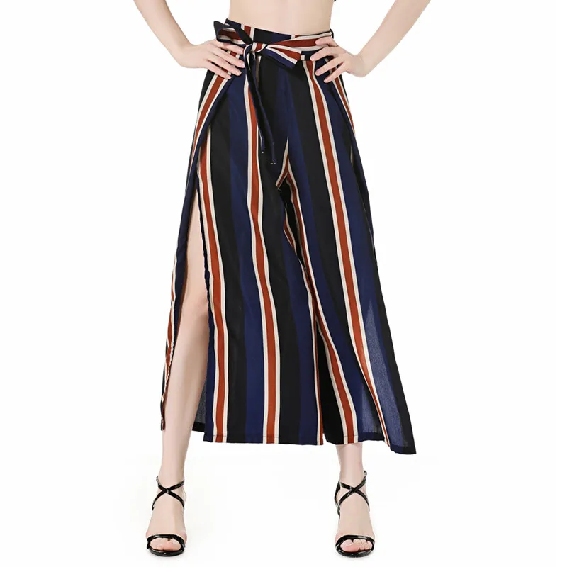 

women striped pants plus size streetwear wide leg pants loose summer trousers plus size clothes skirt pants split pantalon 80666