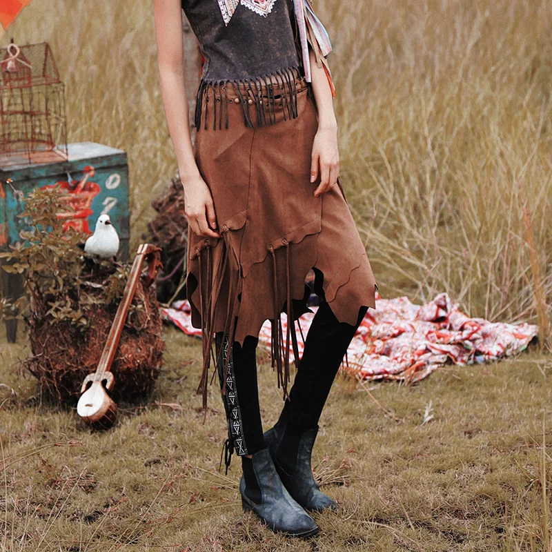 

Aporia.AS Spring Autumn Novelty Personality Indian Tribe National Trend Tassel Metal Buckle Irregular Flock Suede Casual Skirts