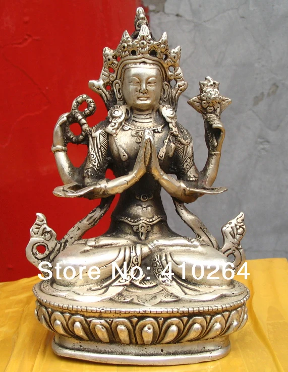 

15cm Worship good luck Chinese 4 arms Buddha silver Statues