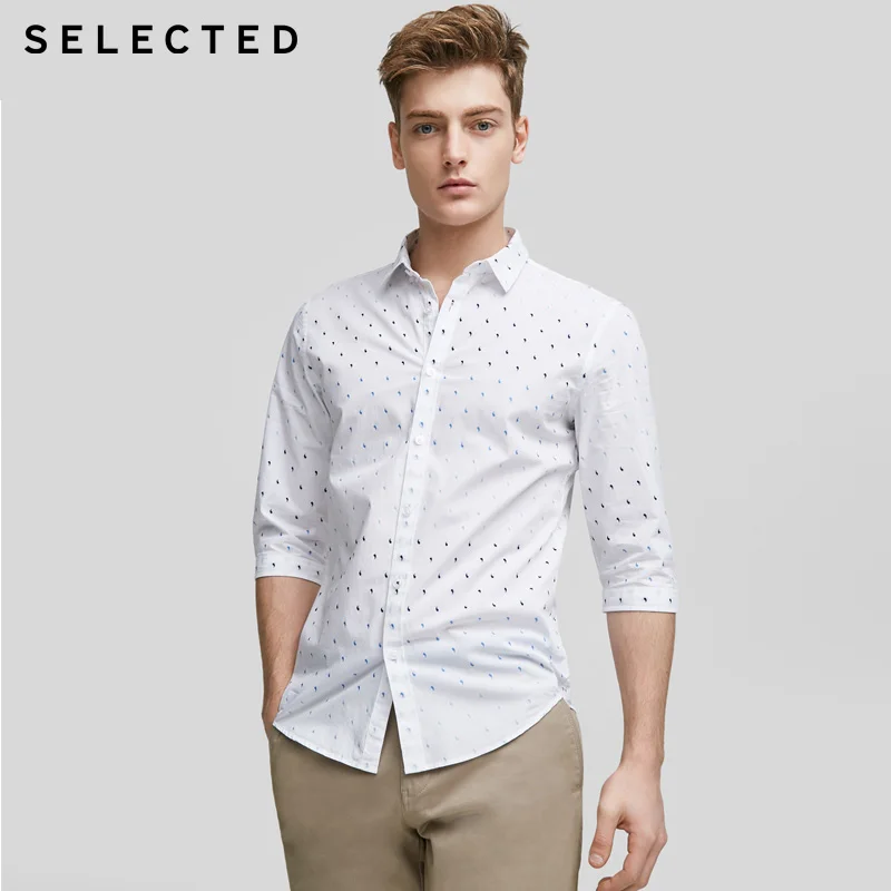 SELECTED Cotton slim fit business casual three quarter sleeve shirt C