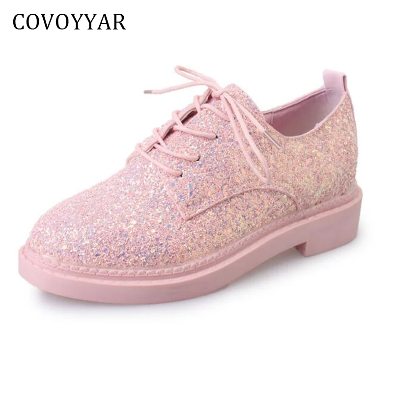 

COVOYYAR 2018 Fashion Glitter Women Flats New Spring Bling Round Toe Casual Shoes Autumn Lace Up Low Heel Women Shoes WFS854