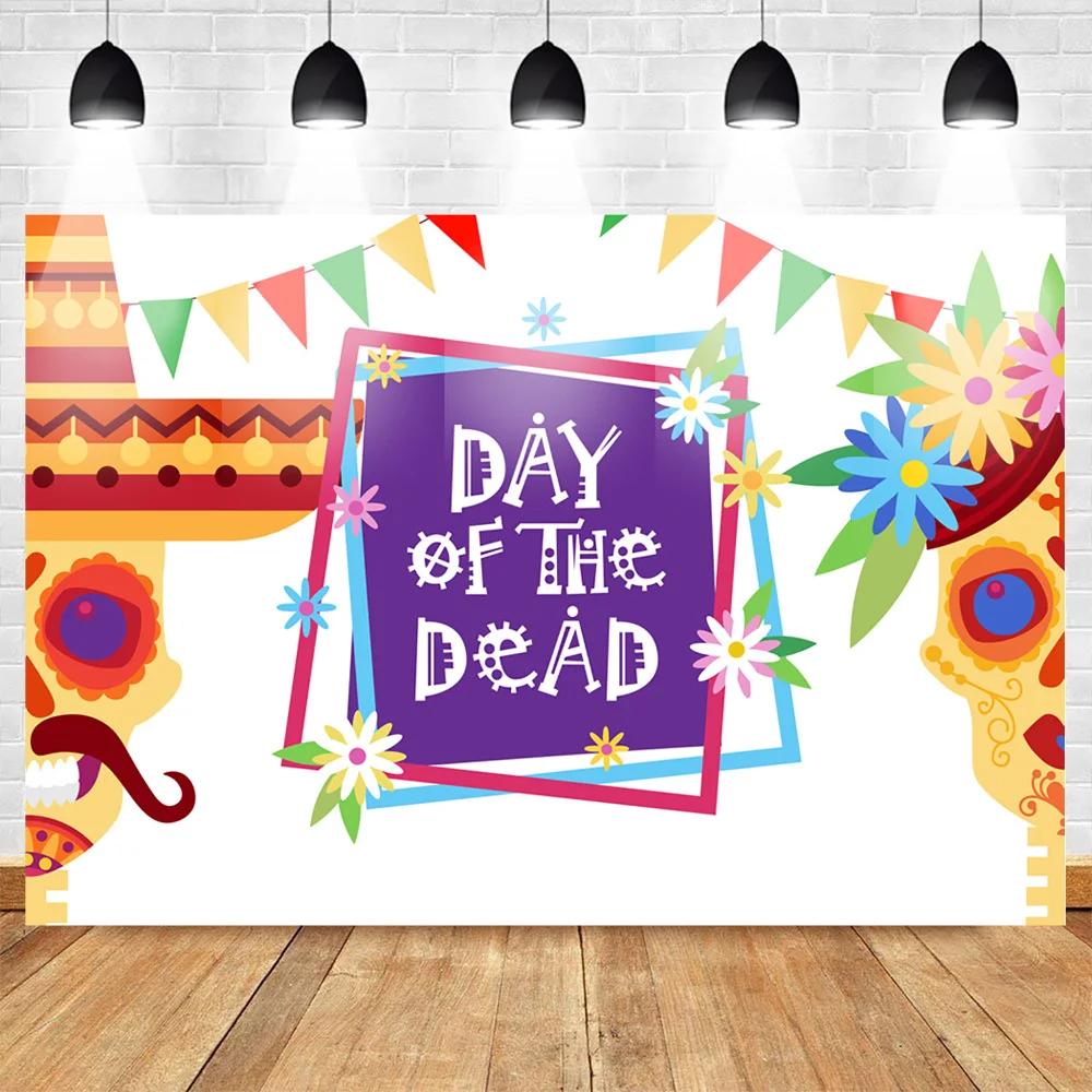 

Day of The Dead Photography Backdrops Sugar Skull Marigold Colorful Flag Backdrop Mexico Halloween Celebration Party Banner