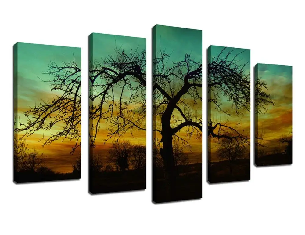 Canvas Wall Art Sunset Nature Painting Tree Branches Night View Picture Prints Framed Ready to Hang - 5 Pieces Canvas Art Landscape Pictures Modern Artwork for Home Decoration