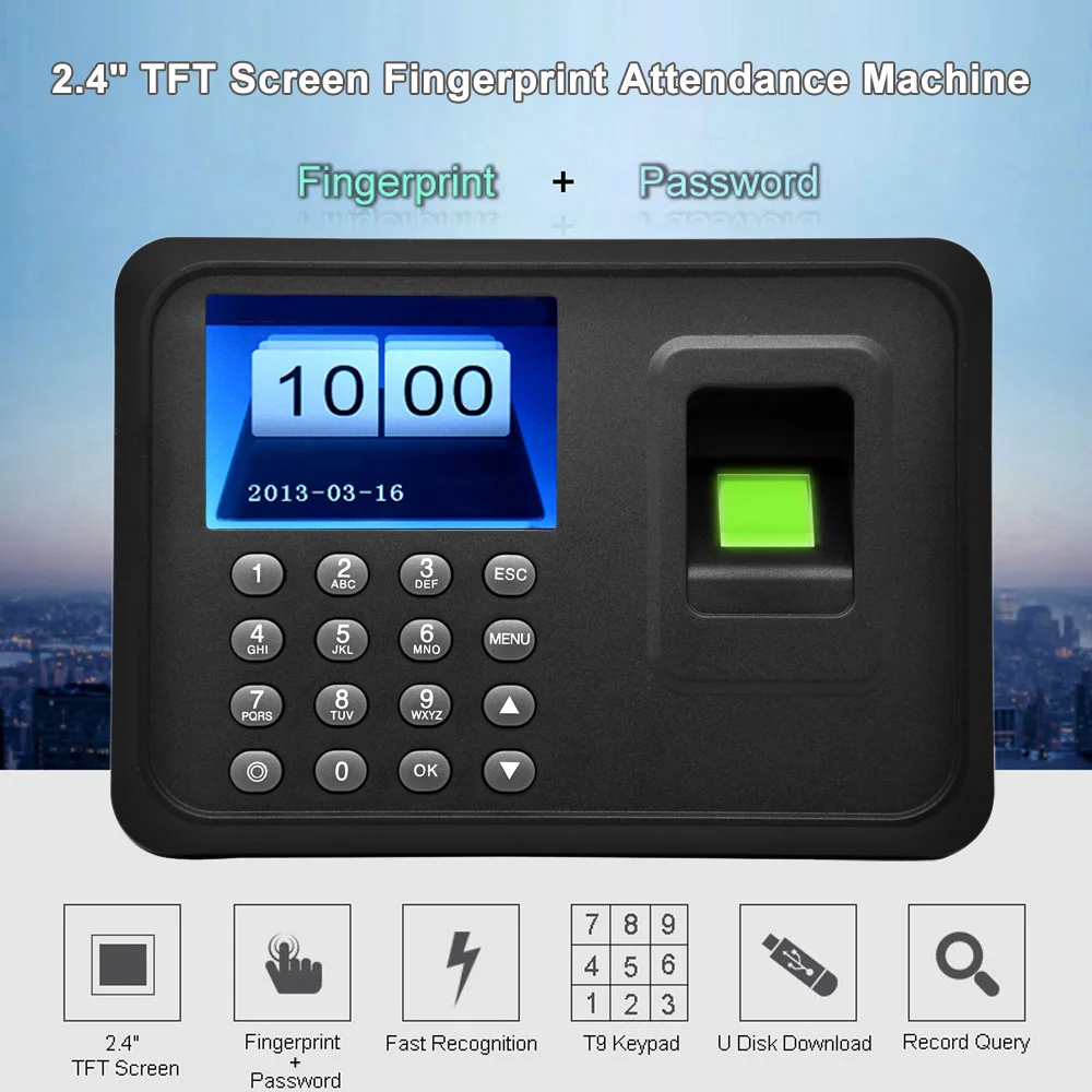 

2.4" TFT LCD Display USB Biometric Fingerprint Attendance Machine DC 5V/1A Time Clock Recorder Employee Checking-in Reader A6