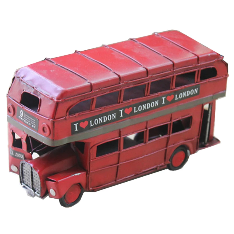 

Vintage Bus Retro London Figurine Miniatures Double-layer Red Bus Handmade Iron Car Model Craft Kids Toy Christmas Gift Present