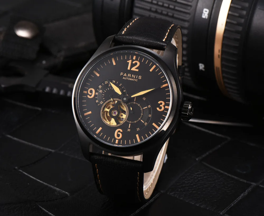 Выпуск мужские Скелет автоматические часы Parnis бренд LeatherYellow светящиеся Маркеры Черный Скелет механические часы relogio