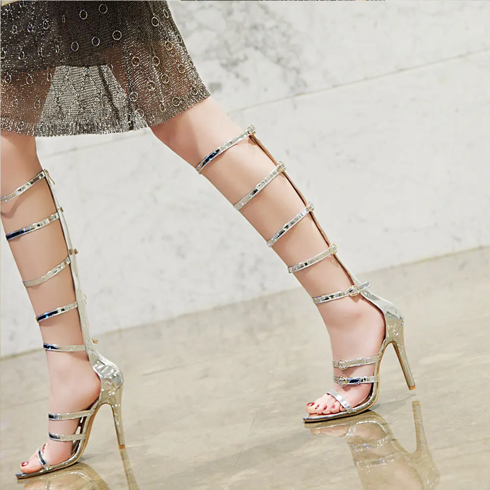 Lasyarrow/пикантные женские босоножки на очень высоком каблуке с золотыми лакированными ремешками; Серебристые сапоги до колена; модельные туфли на шпильке; J776 - Цвет: Silver