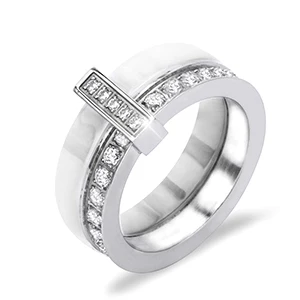 Модное блестящее Хрустальное двойное кольцо из нержавеющей стали с гладким керамическим кольцом для женщин, свадебные украшения, черный, белый, розовый - Цвет основного камня: White