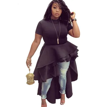 

Africa Clothing Women Short Sleeve O-Neck Ruffles Irregular Maxi Dress Solid Color Streewear Party Club Plus Size