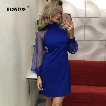 

ELSVIOS 2018 Autumn Elegant Women Dress Applique Contrast Mesh Sleeve Form Fitting Solid Dress Long Sleeve A Line Mini Dress