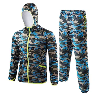 

Camo blue Outdoor fishing clothes set breathable quick dry Anti Sai UV Anti mosquit long sleeve hooded fishing Shirts 6XL M