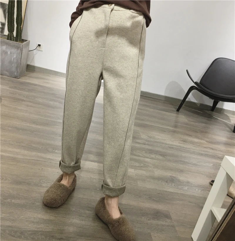 2018 Winter Thick Woolen Pants Women Ankle Length Elastic Waist Slim