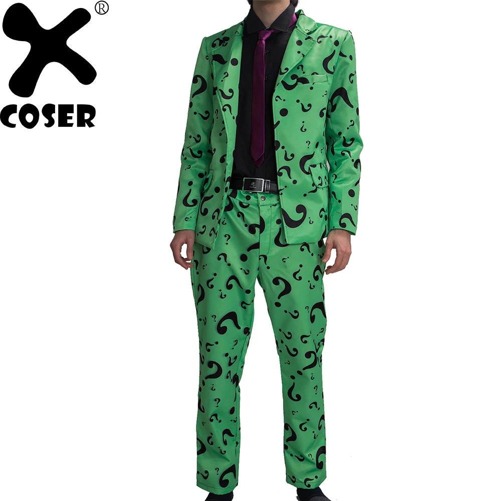 XCOSER Xcoser Riddler, костюм для взрослых, мужские костюмы с принтом «Знак вопросов», костюм Бэтмена, наряд для косплея, вечерние костюмы на Хэллоуин для взрослых