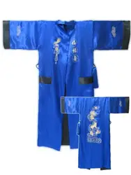 Бесплатная доставка синий черный Реверсивный Двуликий китайских Для мужчин шелковый атлас халат Вышивка кимоно Ванна платье Дракон один