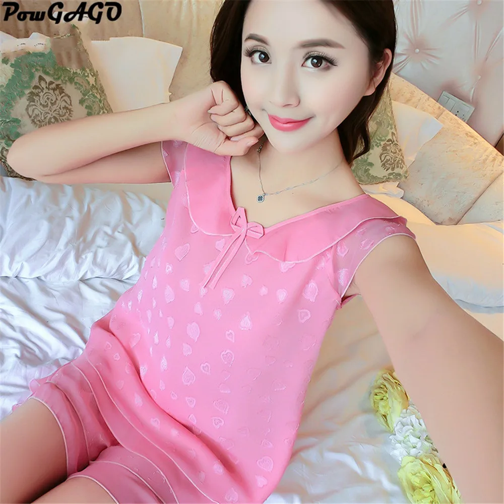 Мода 2017 г. пижамы Для женщин шифон пижамный комплект без рукавов Шорты для