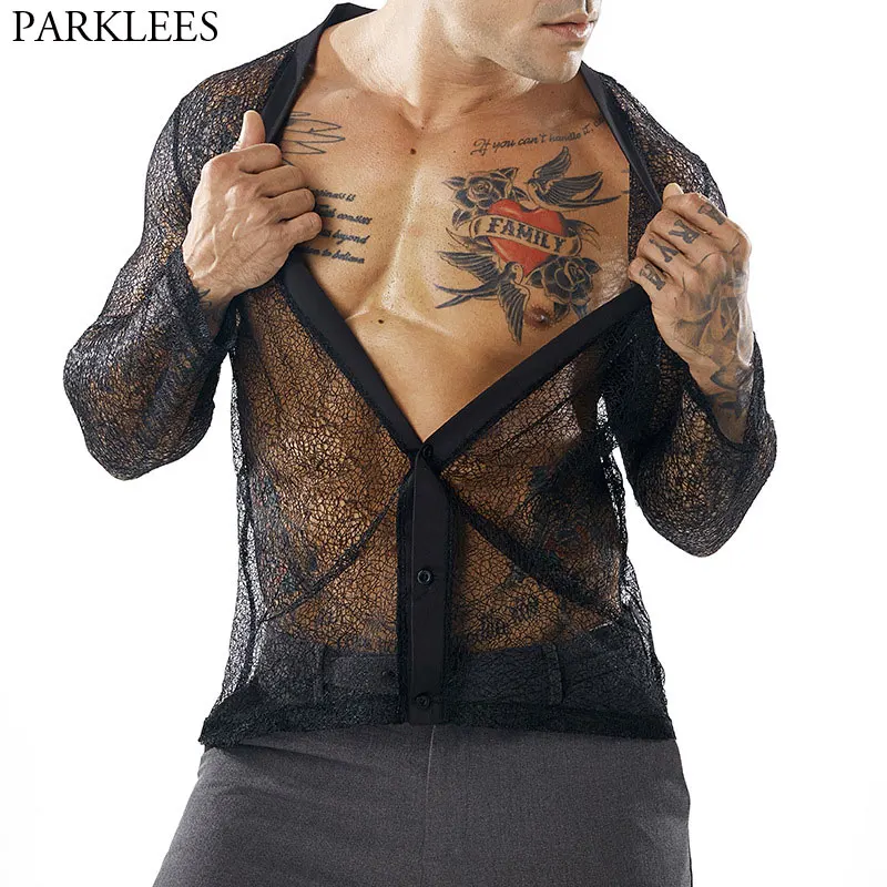 

Men's Sexy See Through Mesh T-shirt 2018 Fasion V Neck Button Cardign Tee Shirt Homme Nightclub Party Prom Transparent Tops Tees
