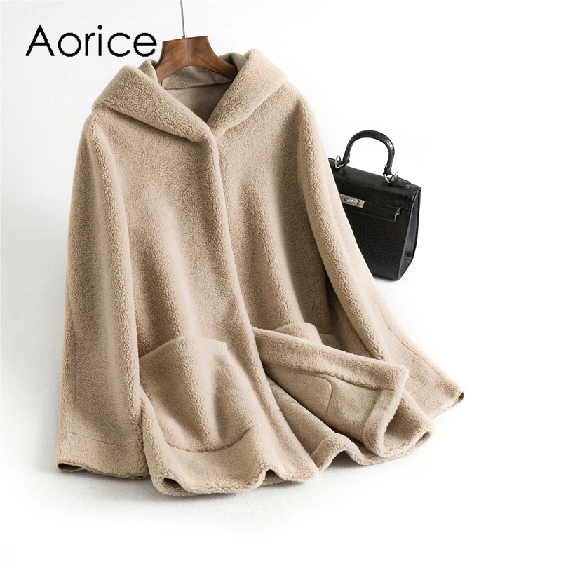 

Women winter 30% real wool simple Hood overcoat warm jacket sheep shearing girl fur coats lady Long jacket overcoat OMS01
