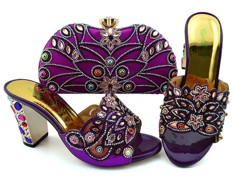 

Elegant purple shoes and bag italian design with beads and rhinestones size 38 to 43 3.5 inches slippers clutches bag SB8361-8