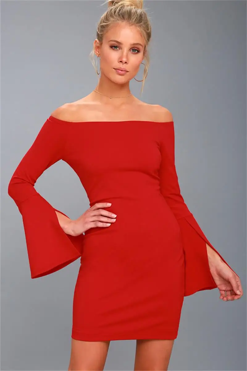 New Arrival 2018 Red Bandage Dress For Women Long Sleeve Sexy Slash 