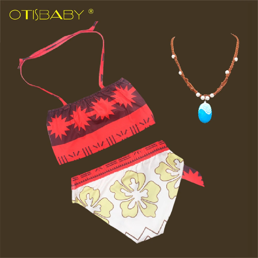 

Girls Moana Harness Retro Print Swimsuit Bikini Set Children Girl Bathing Suit Kids Summer Sundress Swimming Beachwear Necklace