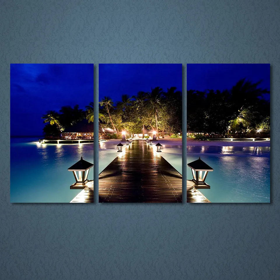 Canvas HD Prints Posters Home Decor Pictures 3 Pieces Coast Night Palms