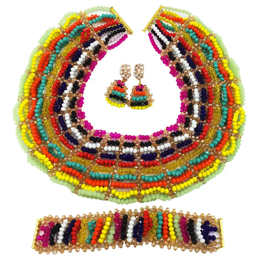 

Fashion Colorful Beaded Necklace Earrings Bracelet African Beads Nigerian Traditional Wedding Party Jewelry Sets 10C-SXK-011