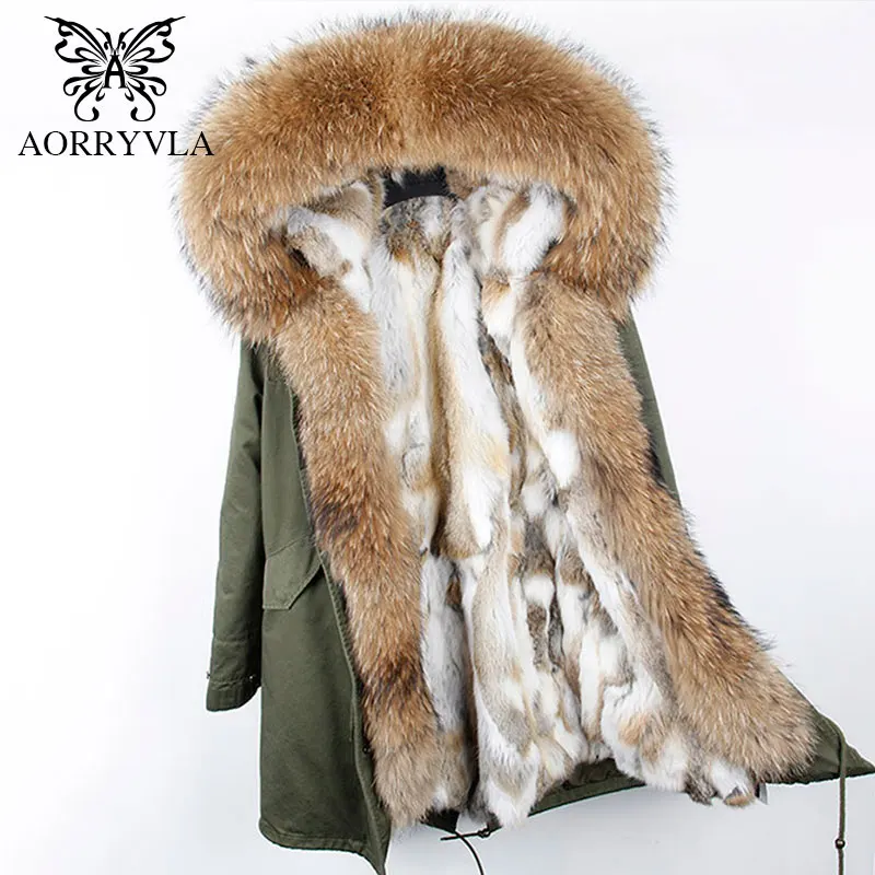 AORRYVLA 2018 Winter New Women Fur Parka Natural Raccoon Fur Hooded Long Coat Real Rabbit Lining Casual Female Warm Parka