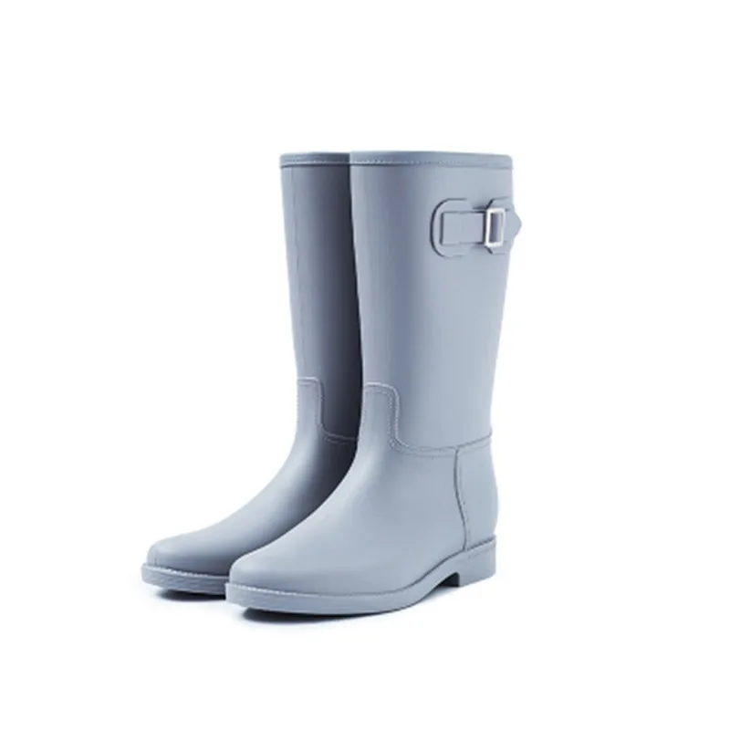 Femmes Rainboots Femme Bottes Rouroliu Chaussures De Boucle Talon D'eau Mi Black Wellies Rt294 Antidérapantes mollet gray Imperméables tea Pluie Carré AwRB7q1