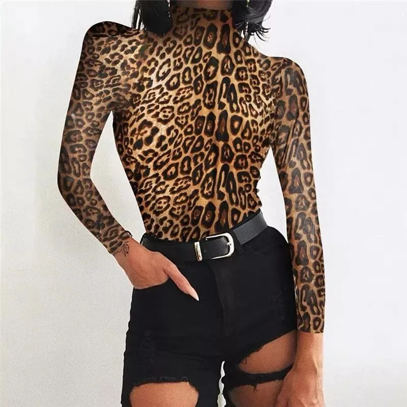 

High Waist Sexy Leopard Print Slim Slimming T-shirt Half High Collar Long Sleeve Bottoming Shirt Onesies