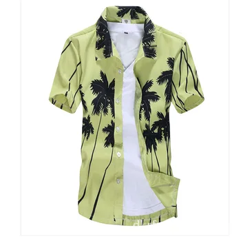 

S-5XL Male Beach Hawaii Shirt Quick-Drying Short Sleeve Men's Shirts Coconut Printed Long Sleeve Double Breasted White Tops