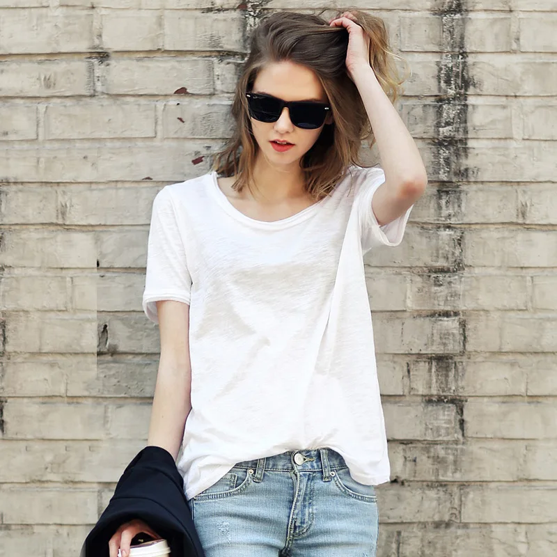 

Women Pure Color Soft T Shirts Short Sleeve Shirts O Neck Top Weightless Modal Short Slim Tee Black White Midriff-baring Tops