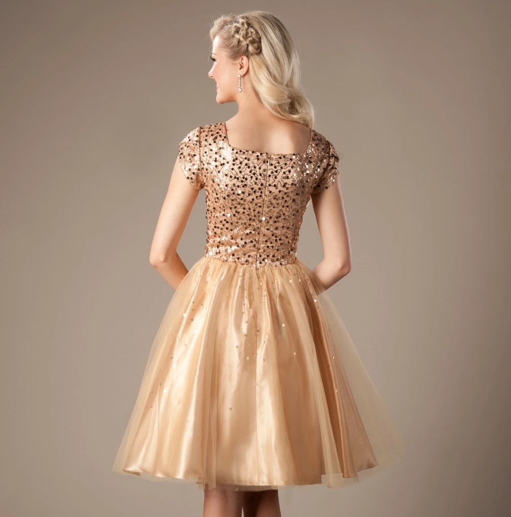 Gold Sequins Tulle Short Modest Prom ...