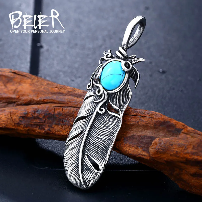 

Beier 316L Stainless Steel pendant necklace Japan popluar feather pendant with Natural Oval Opal Green Stone jewelry LLBP8-283R