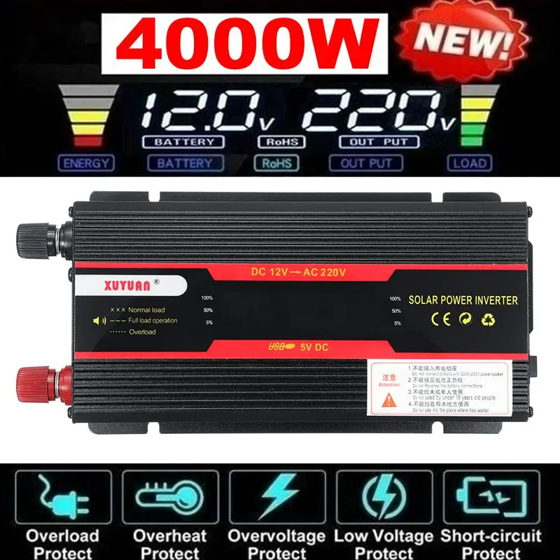 

Car Inverter 12V 220V 4000W P eak Power Inverter Voltage Convertor Transformer DC 12V/24V To AC 220V/110V Solar Inversor