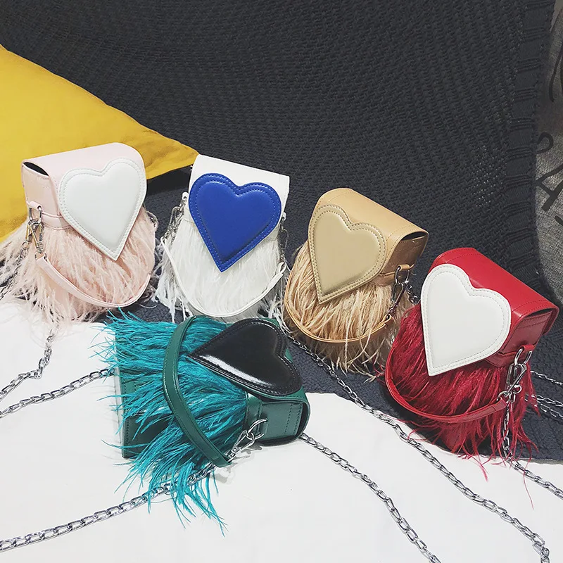 Koop Nieuwe Ontwerp Mode Veren Hart Pu Leather Party Casual Vrouwelijke Bakken Dames Handtas Keten Schoudertas Telefoon Portemonnee Flap