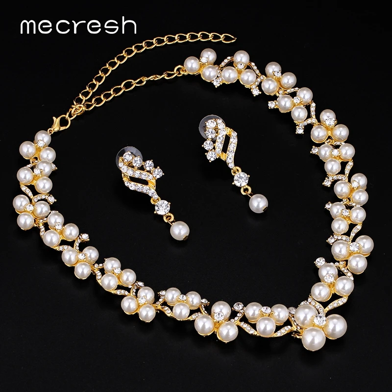 Mecresh имитация жемчужные Свадебные украшения наборы для женщин Кристалл Золотой цвет свадебные серьги браслет ожерелье наборы MTL472+ MSL246